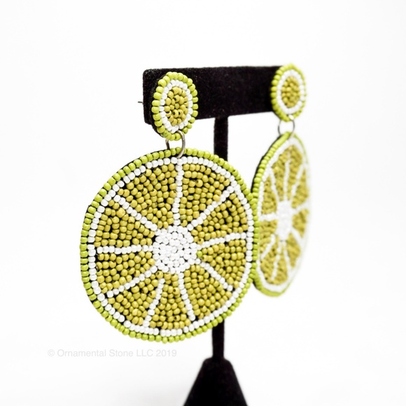 Lime Slice Beaded fruit Statement Earrings Green - Picture 4 of 5